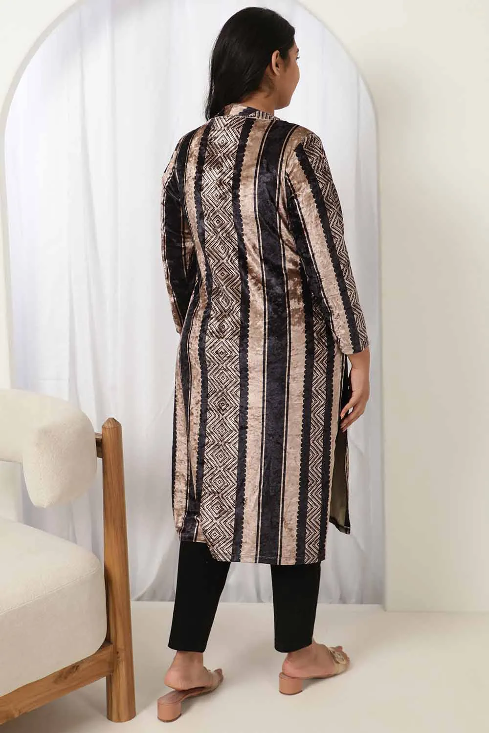 Black Beige Stripe Velvet Kurta