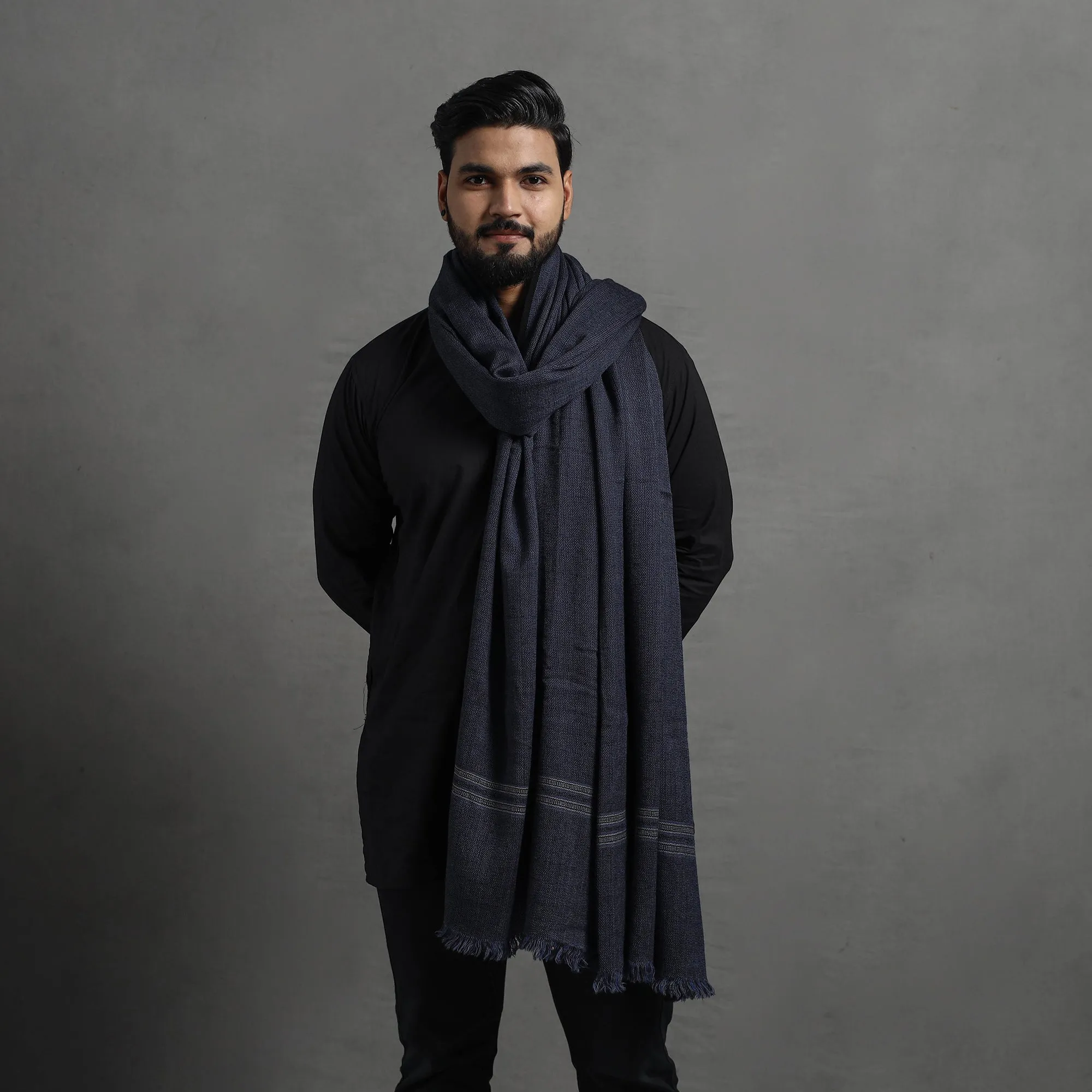 Black - Kumaun Handwoven Pure Merino Wool Shawl for Men 01