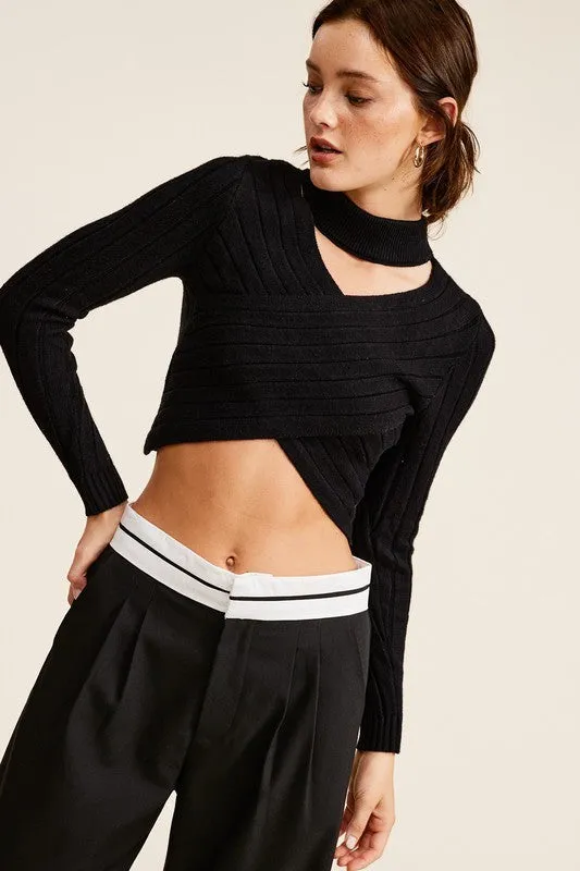 Black Overlap Knit Mock Neck Crop Sweater Top