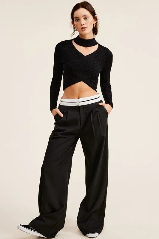 Black Overlap Knit Mock Neck Crop Sweater Top