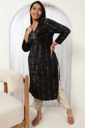 Black Printed Velvet V Neck Kurta