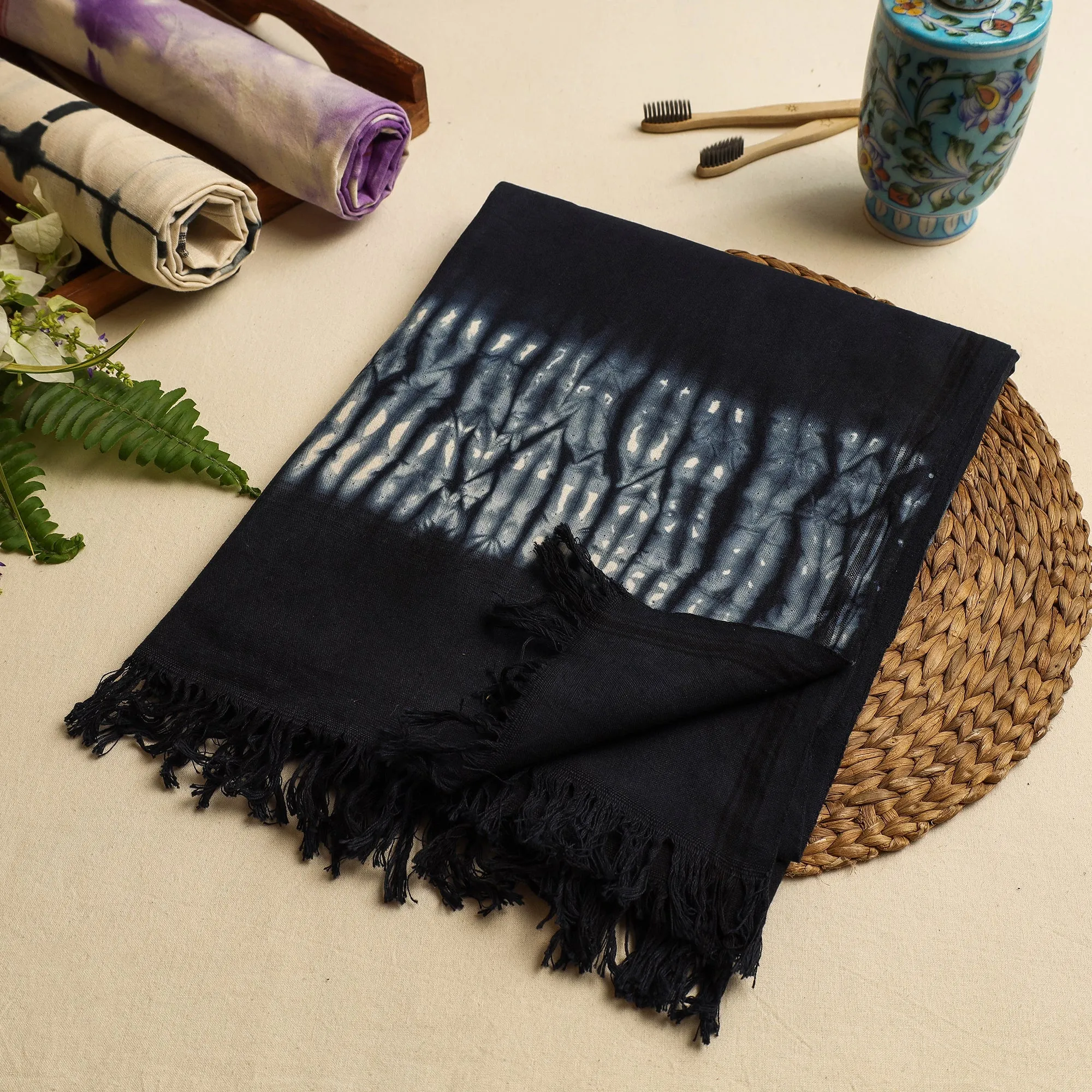 Black - Shibori Tie & Dye Pure Handloom Cotton Bath Towel