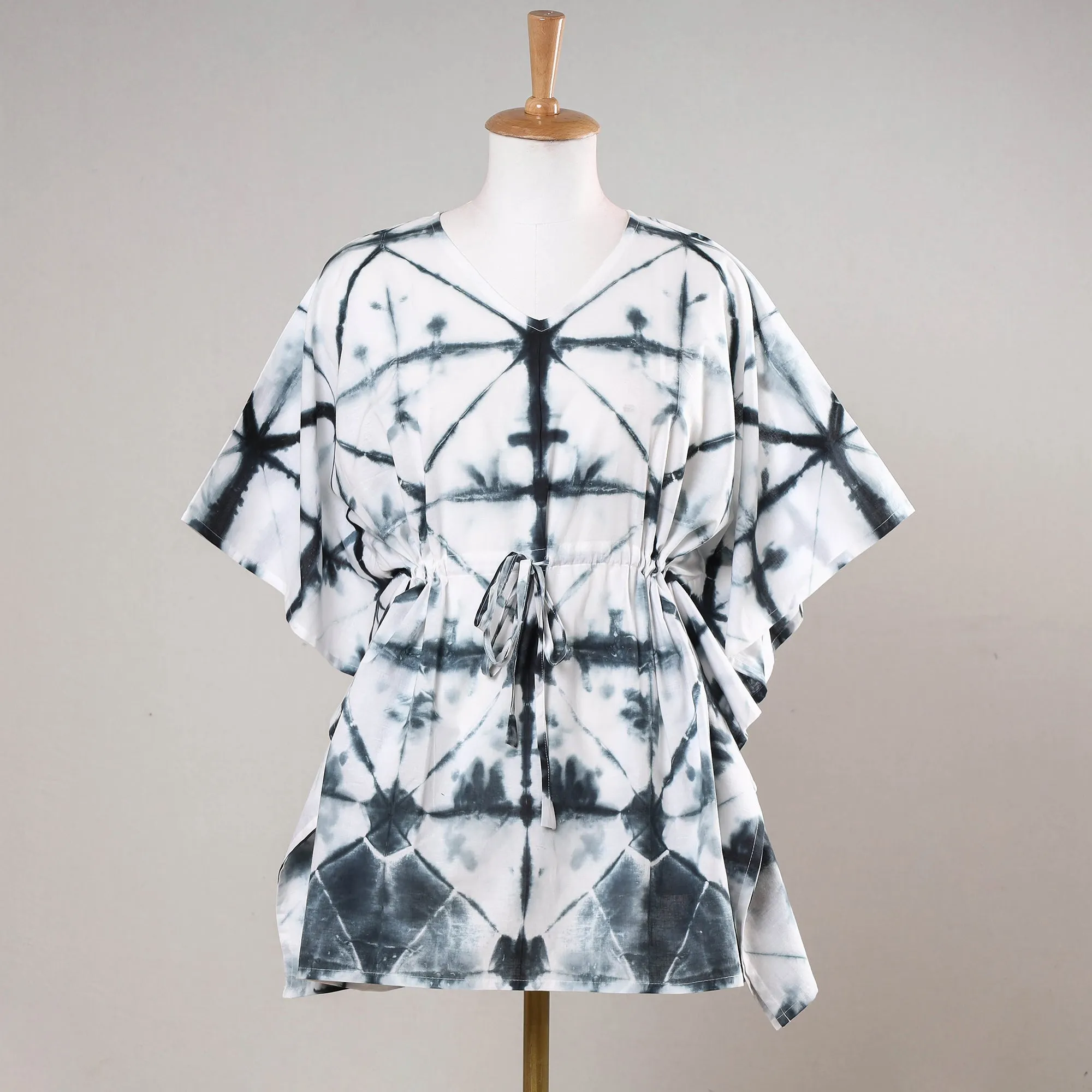 Black - Shibori Tie-Dye Cotton Kaftan with Tie-Up Waist (Short)