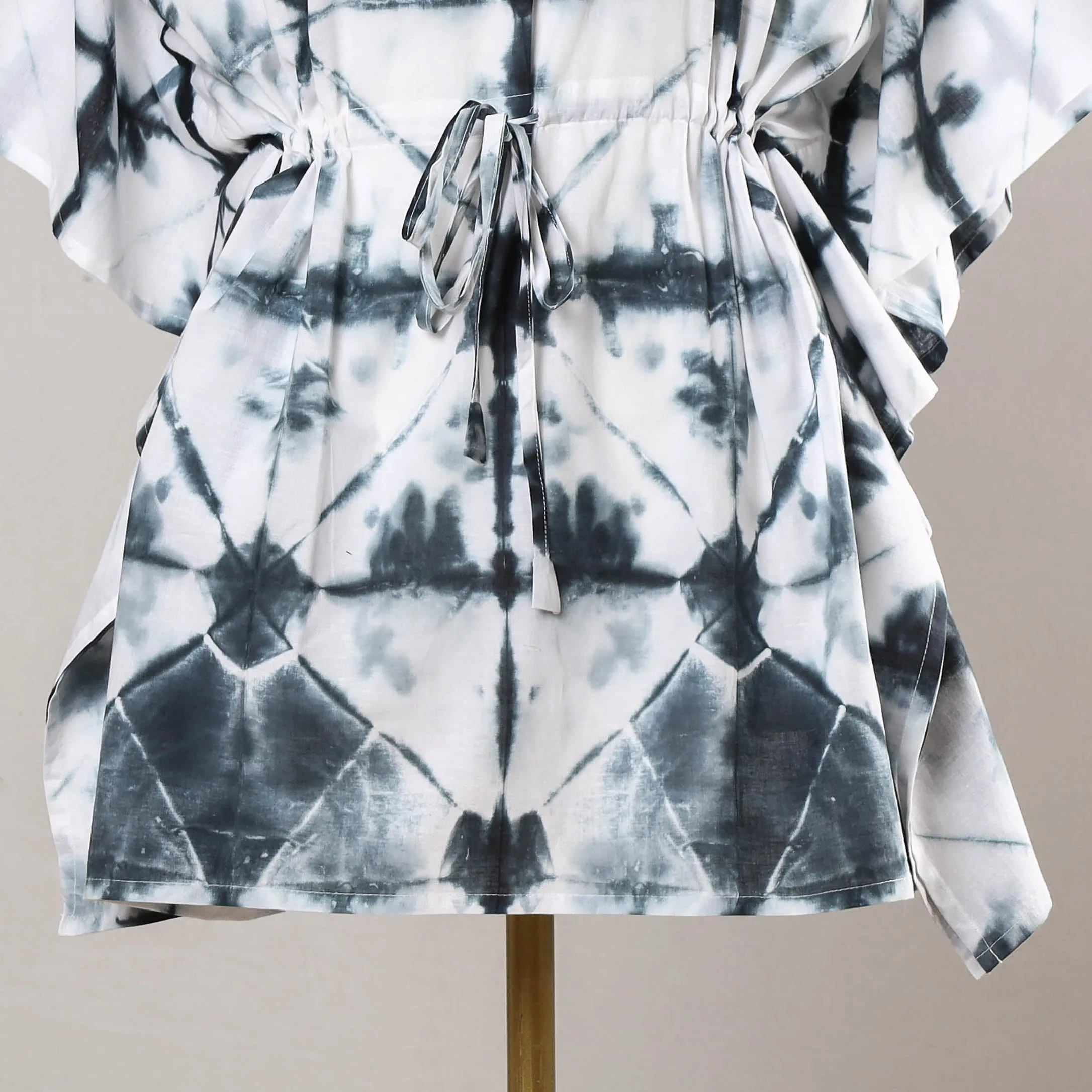 Black - Shibori Tie-Dye Cotton Kaftan with Tie-Up Waist (Short)