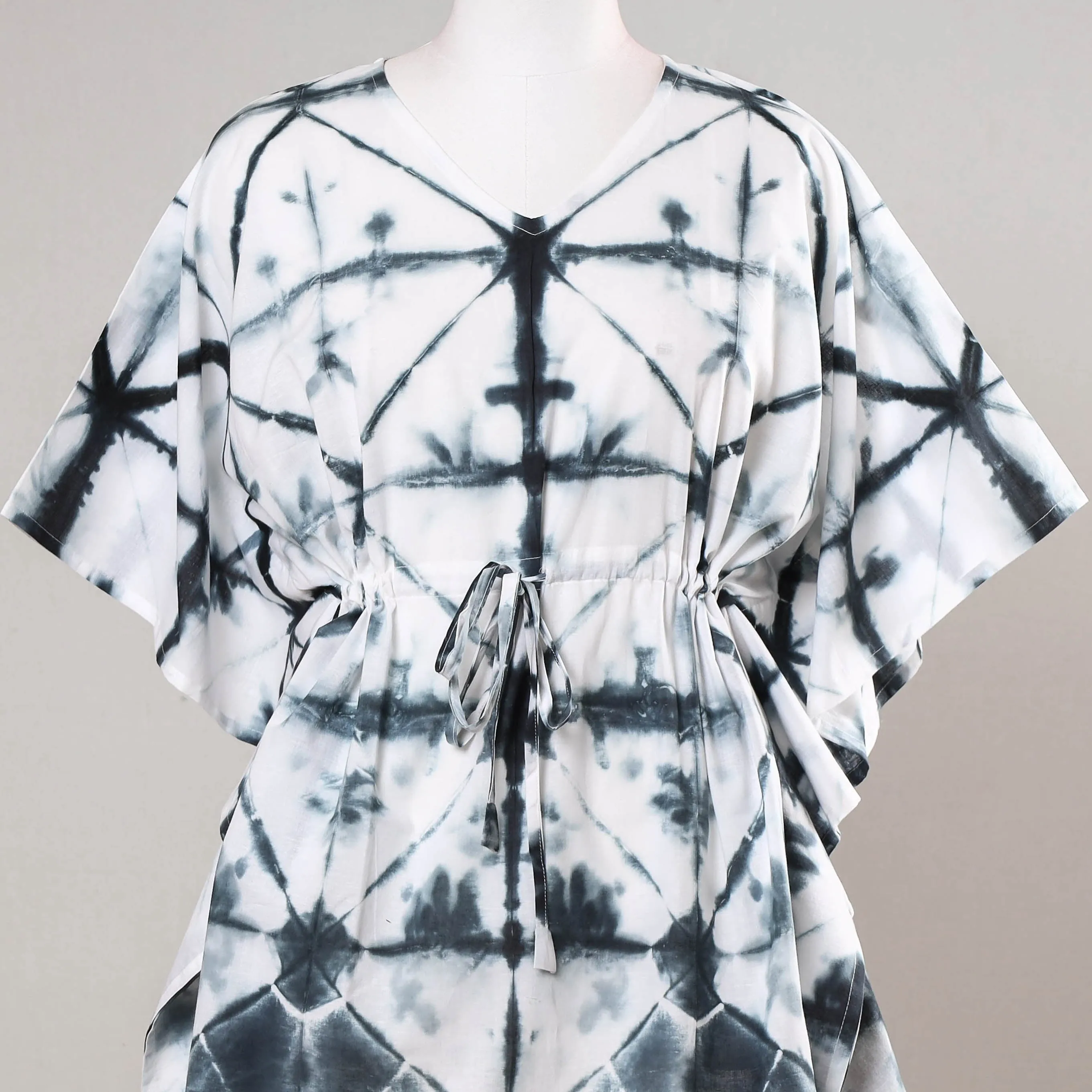 Black - Shibori Tie-Dye Cotton Kaftan with Tie-Up Waist (Short)