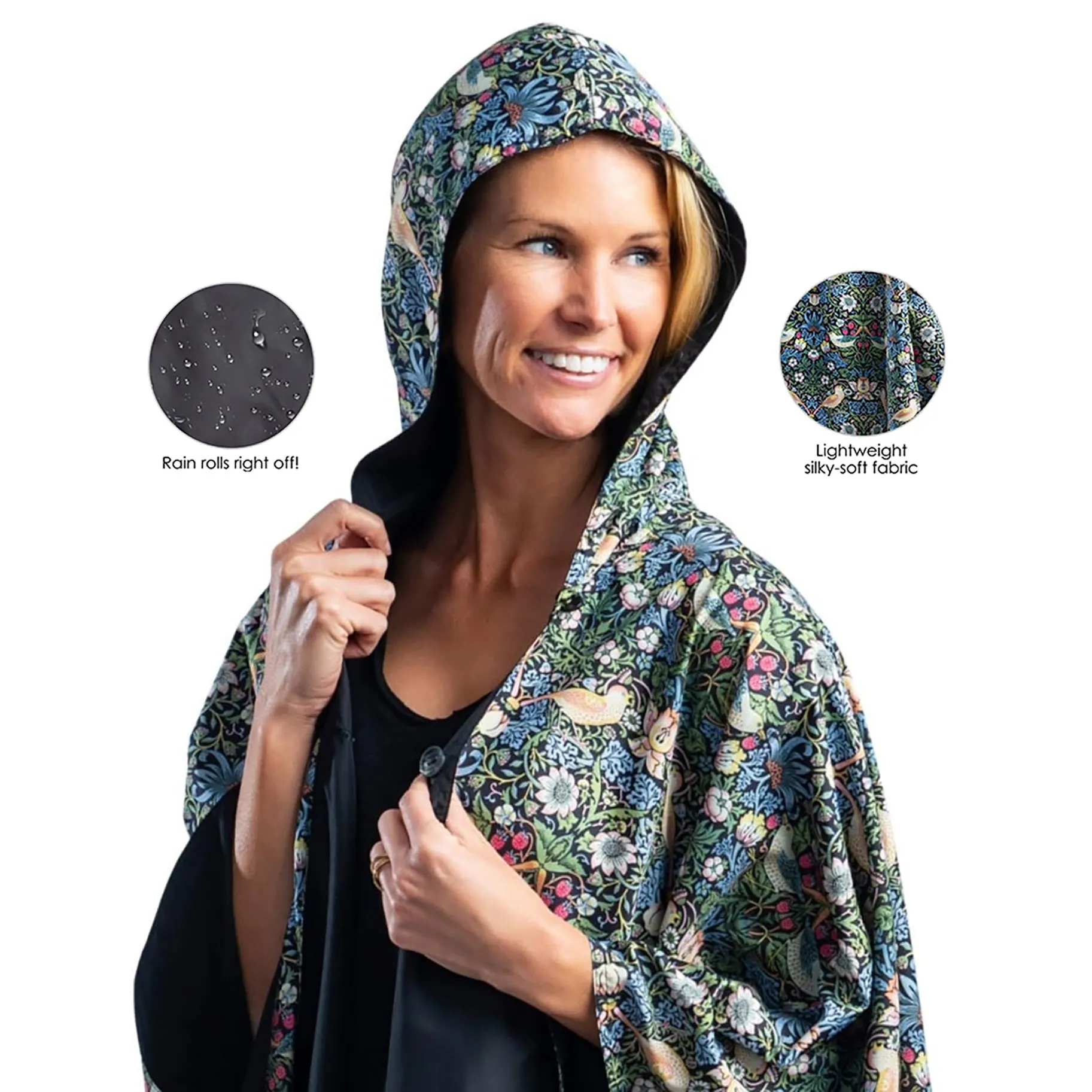 Black William Morris Strawberry Thief Womens Rain Cape