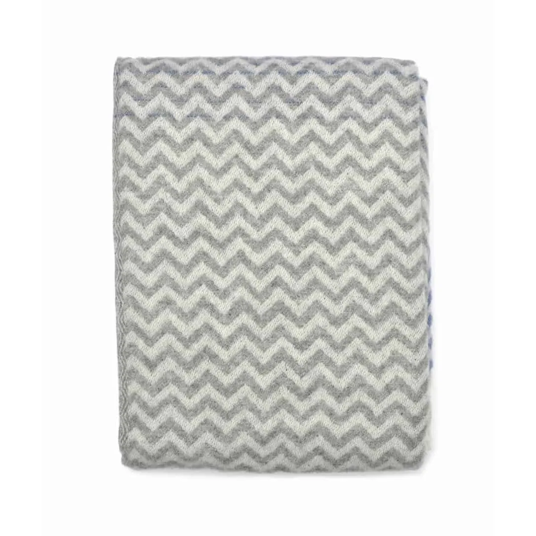 Blue and Light Grey Chevron Pattern Pure New Wool Jette Throw (190cm x 130cm)