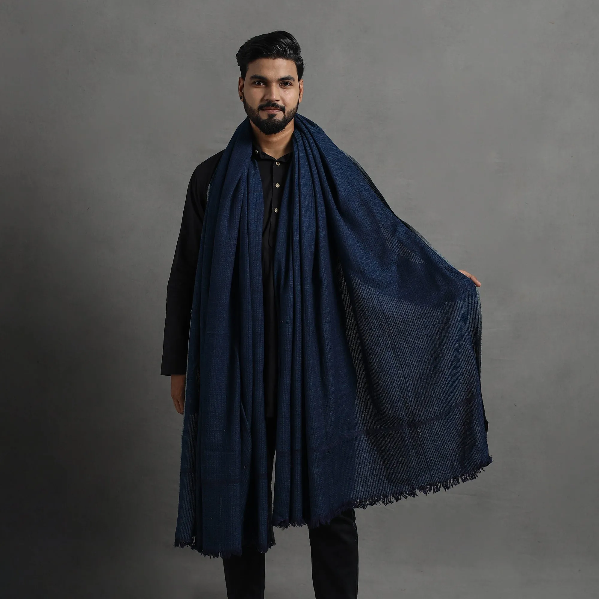 Blue - Kumaun Handwoven Pure Merino Wool Shawl for Men 05