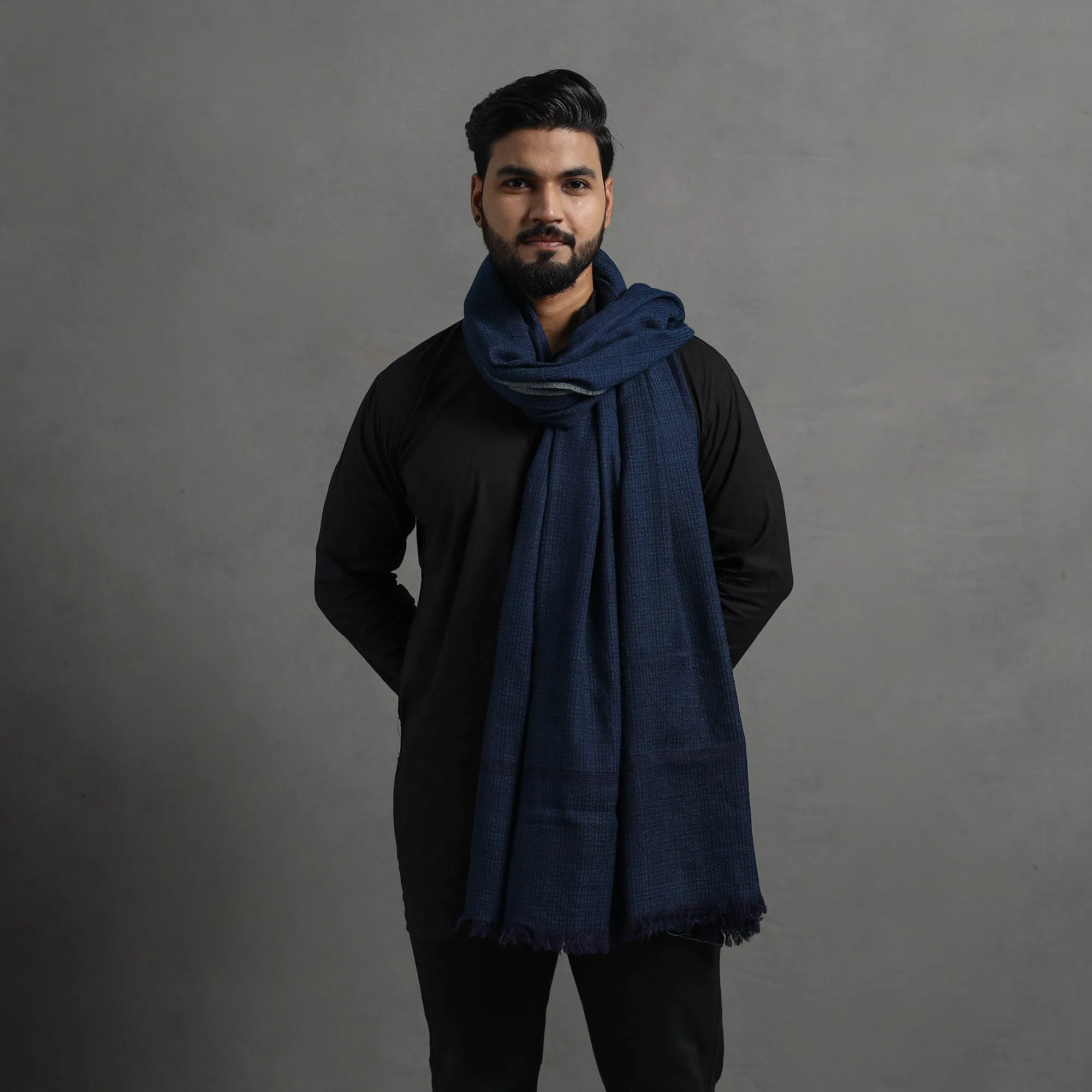 Blue - Kumaun Handwoven Pure Merino Wool Shawl for Men 05