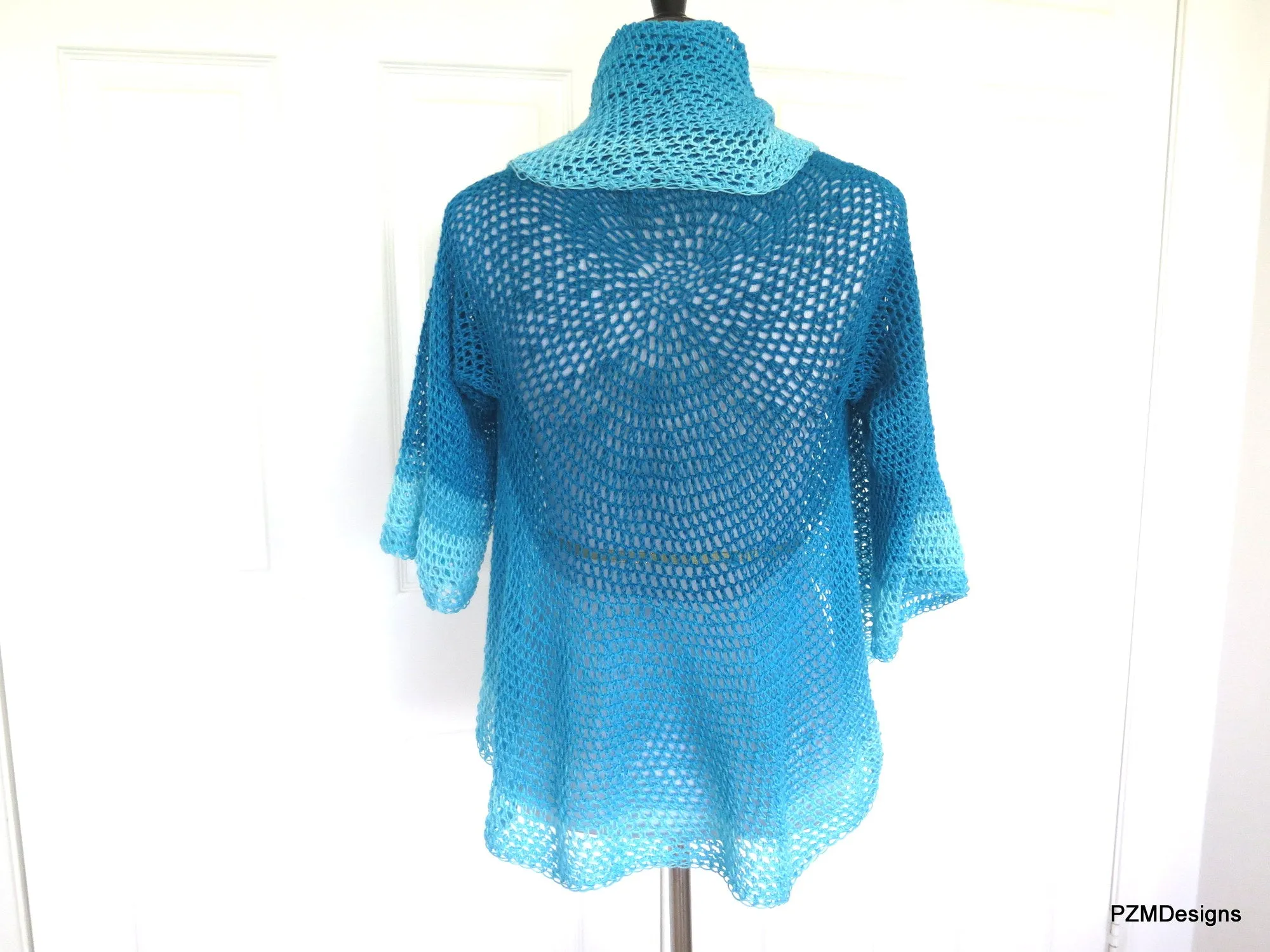 Blue Ombre Circle Shrug, Hand Crochet Plus Size Shrug