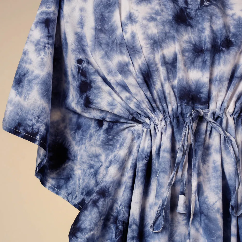 Blue - Shibori Tie-Dye Cotton Kaftan with Tie-Up Waist (Short)