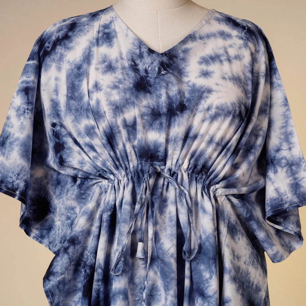 Blue - Shibori Tie-Dye Cotton Kaftan with Tie-Up Waist (Short)