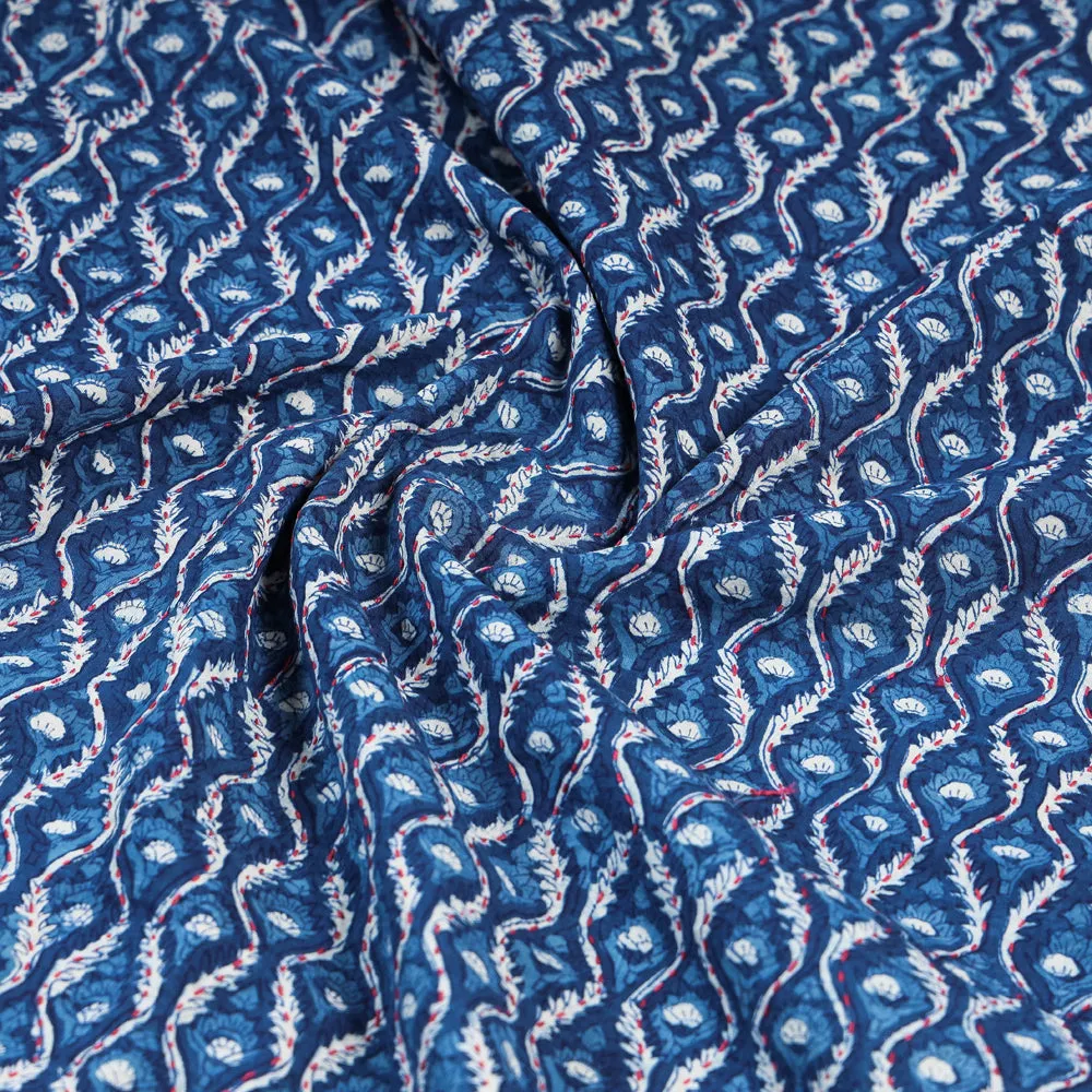 Blue - Special Tagai Work Block Print Cotton Kurta Material