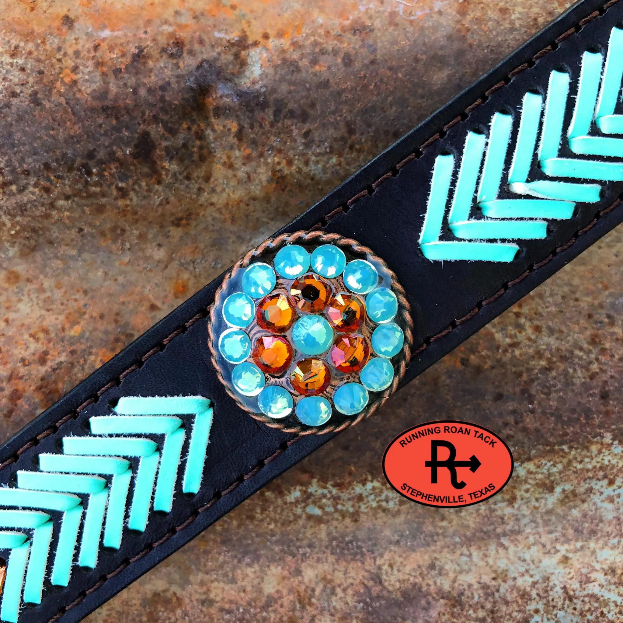 Breast Collar with Mint and Metallic Copper Arrow Lacing and Swarovski Bling Conchos