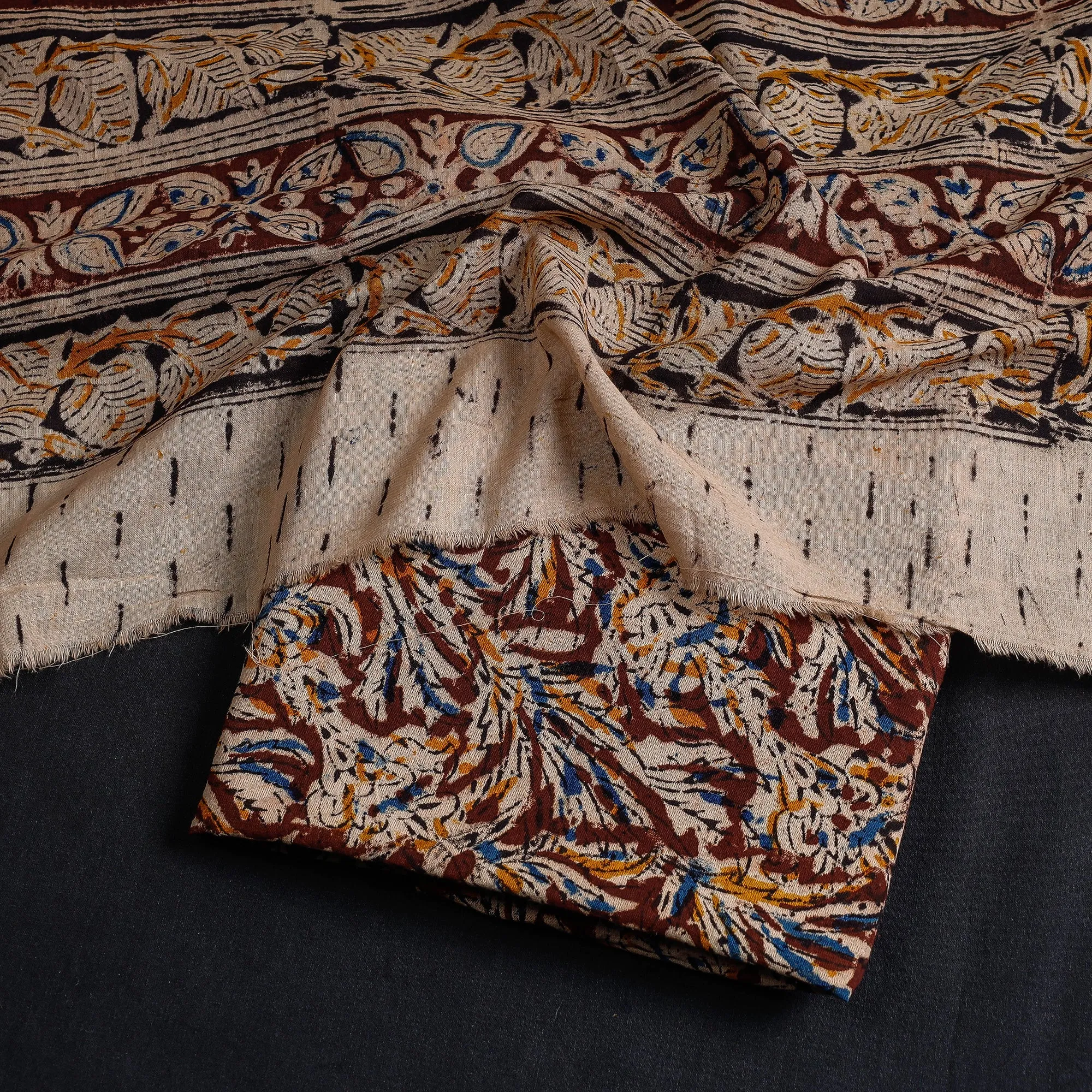 Brown - 2pc Kalamkari Block Printed Natural Dyed Cotton Suit Material Set