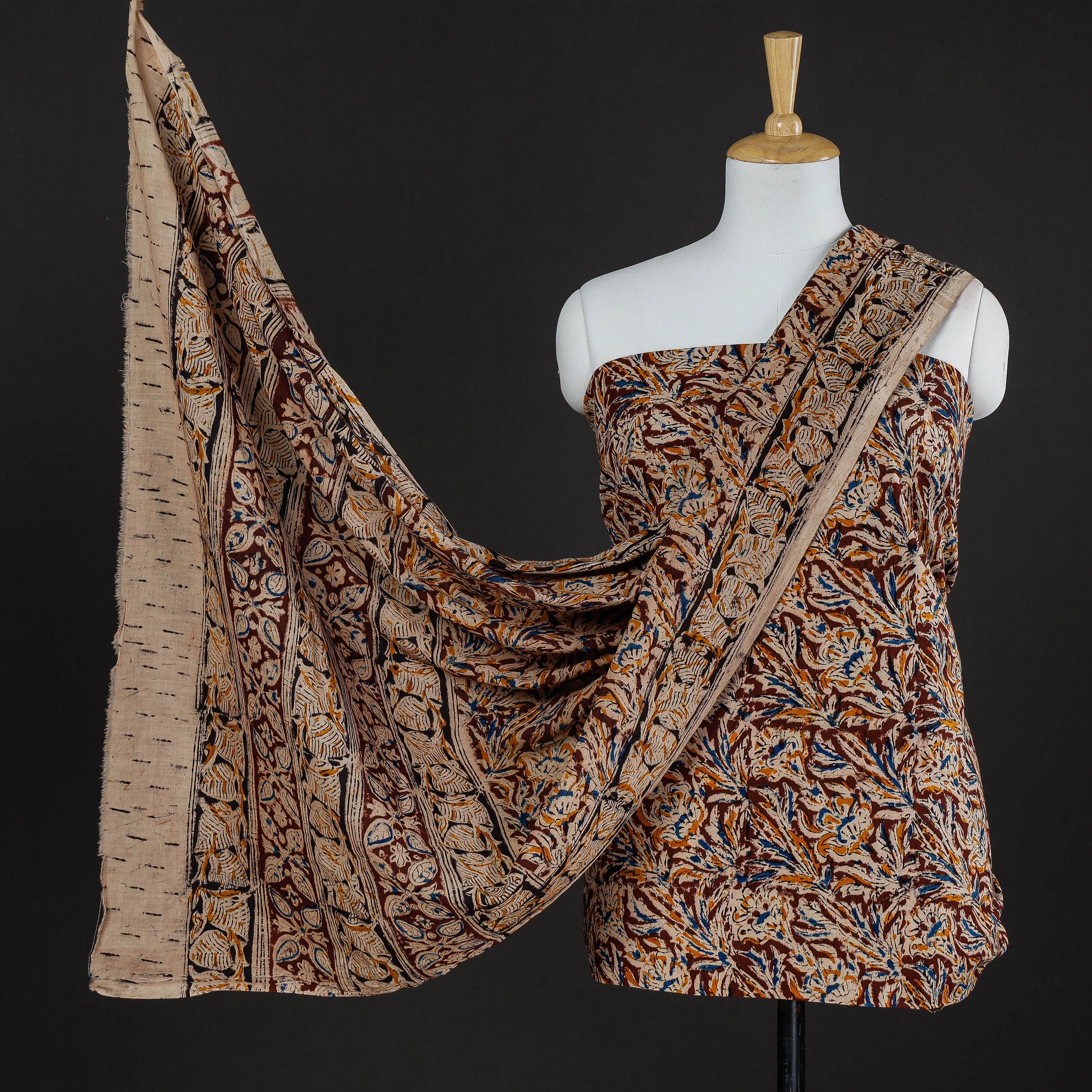 Brown - 2pc Kalamkari Block Printed Natural Dyed Cotton Suit Material Set