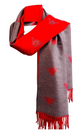 BUMBLE BEES SCARF red grey reversible super soft winter shawl unisex trending scarf Xmas gift for him and her