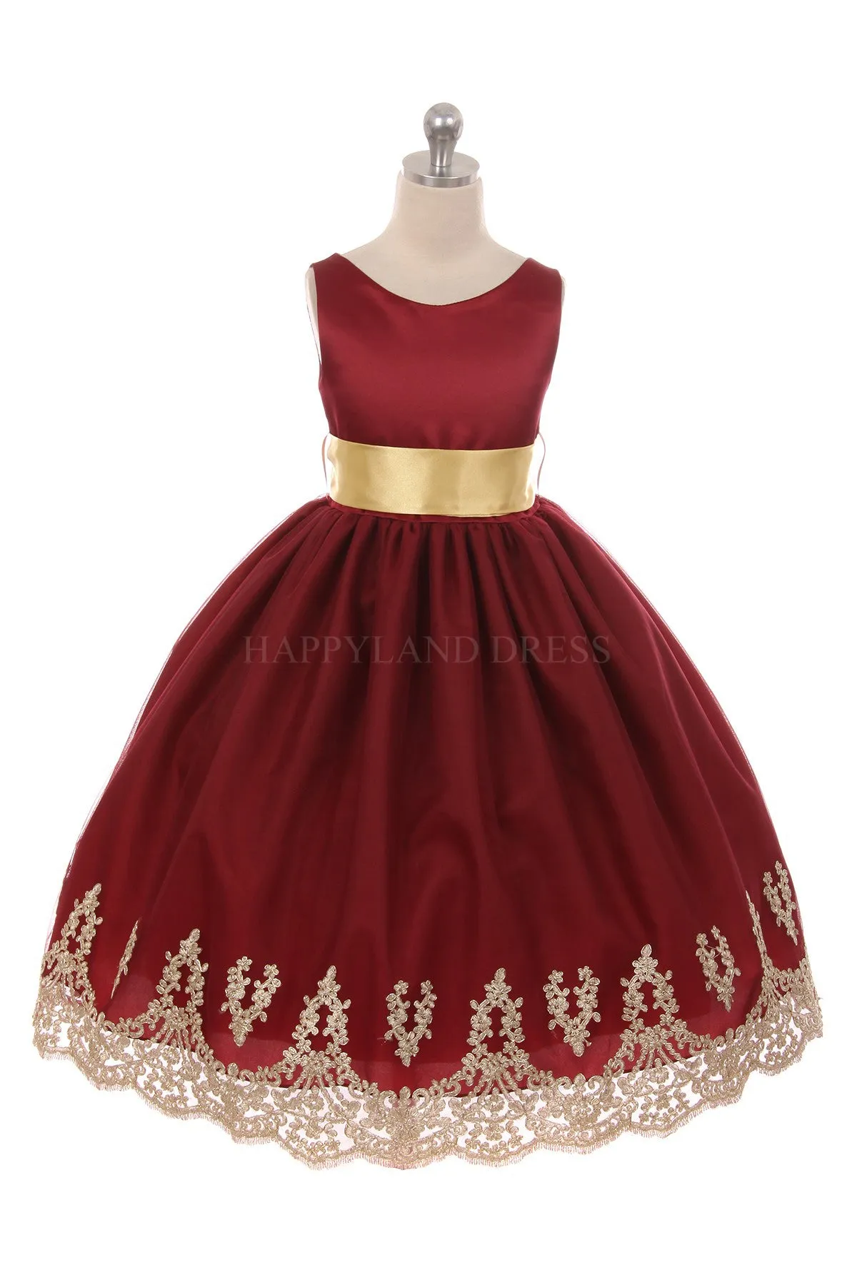 Burgundy with Sash on Gold Applique Bottom Dress D2141712