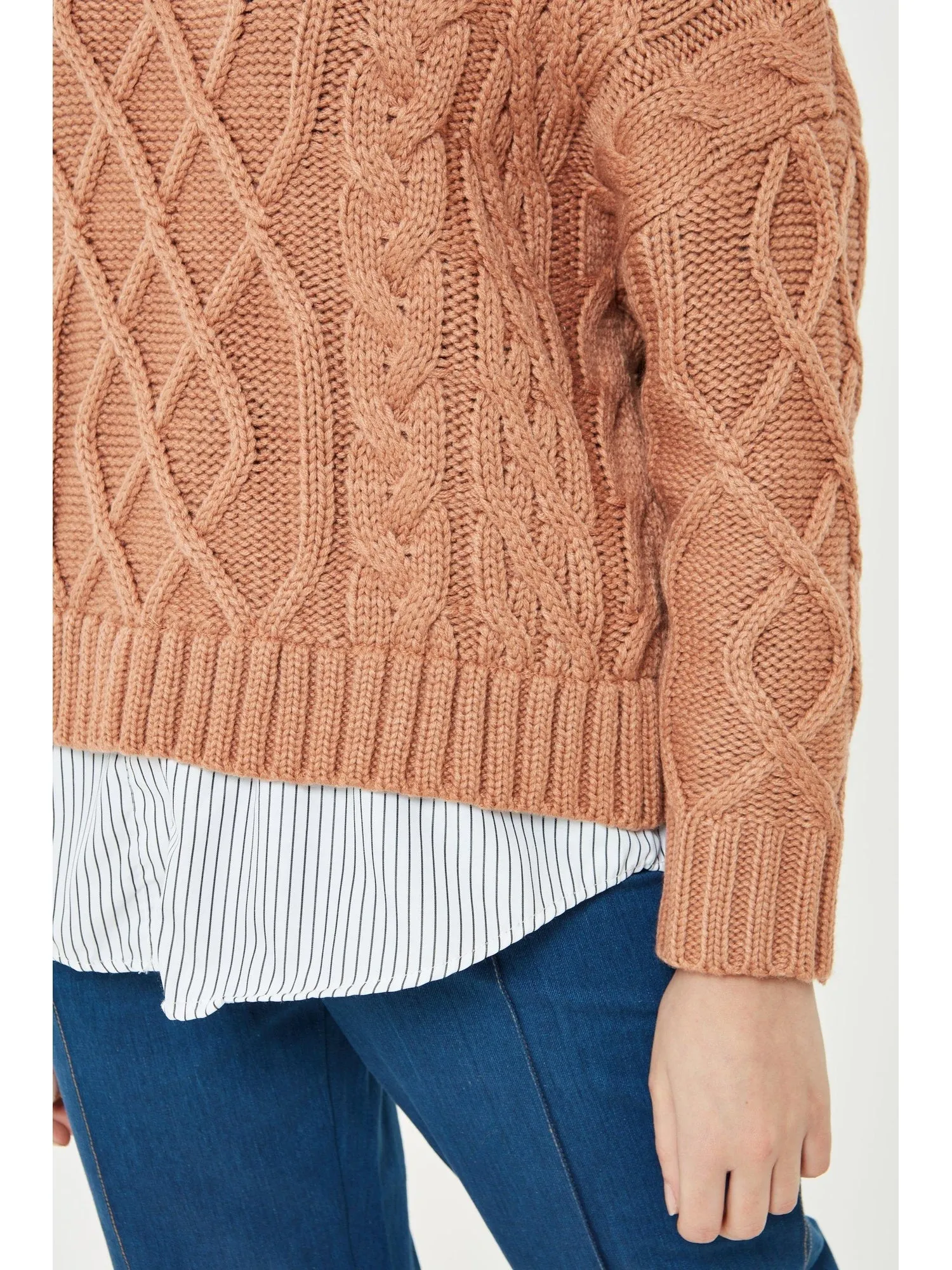 Cable Knit Sweater with Faux Shirt Attached Under Shirt