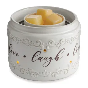 Candle Warmers Etc. Illuminaire Live, Laugh, Love Fan Fragrance Warmer- Whisper Quiet Fan Circulates Scent from Scented Candle Wax Melts and Tarts for Full Room Freshener, White with Brown