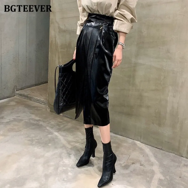 Christmas Gift Joskaa Fashion High Waist Split Female PU Leather Midi Skirts 2020 Autumn Streetwear Women Skinny Package Hip Skirts