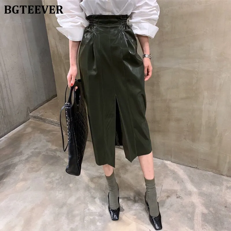 Christmas Gift Joskaa Fashion High Waist Split Female PU Leather Midi Skirts 2020 Autumn Streetwear Women Skinny Package Hip Skirts