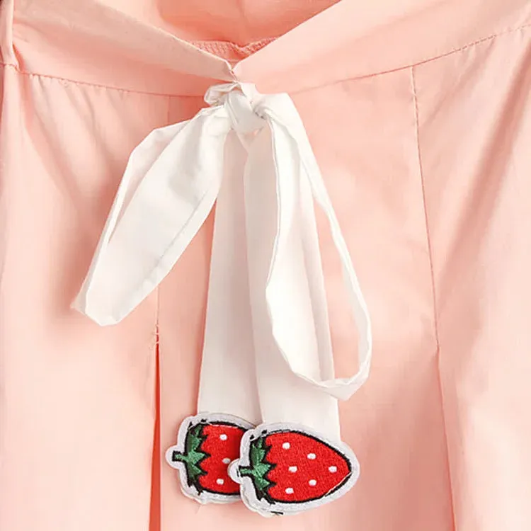 Colorblock Cute Bunny Print Hooded T-Shirt Strawberry Pleated Skirt