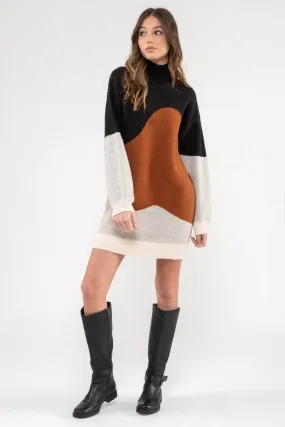 COLORBLOCK MOCK NECK KNIT SWEATER DRESS