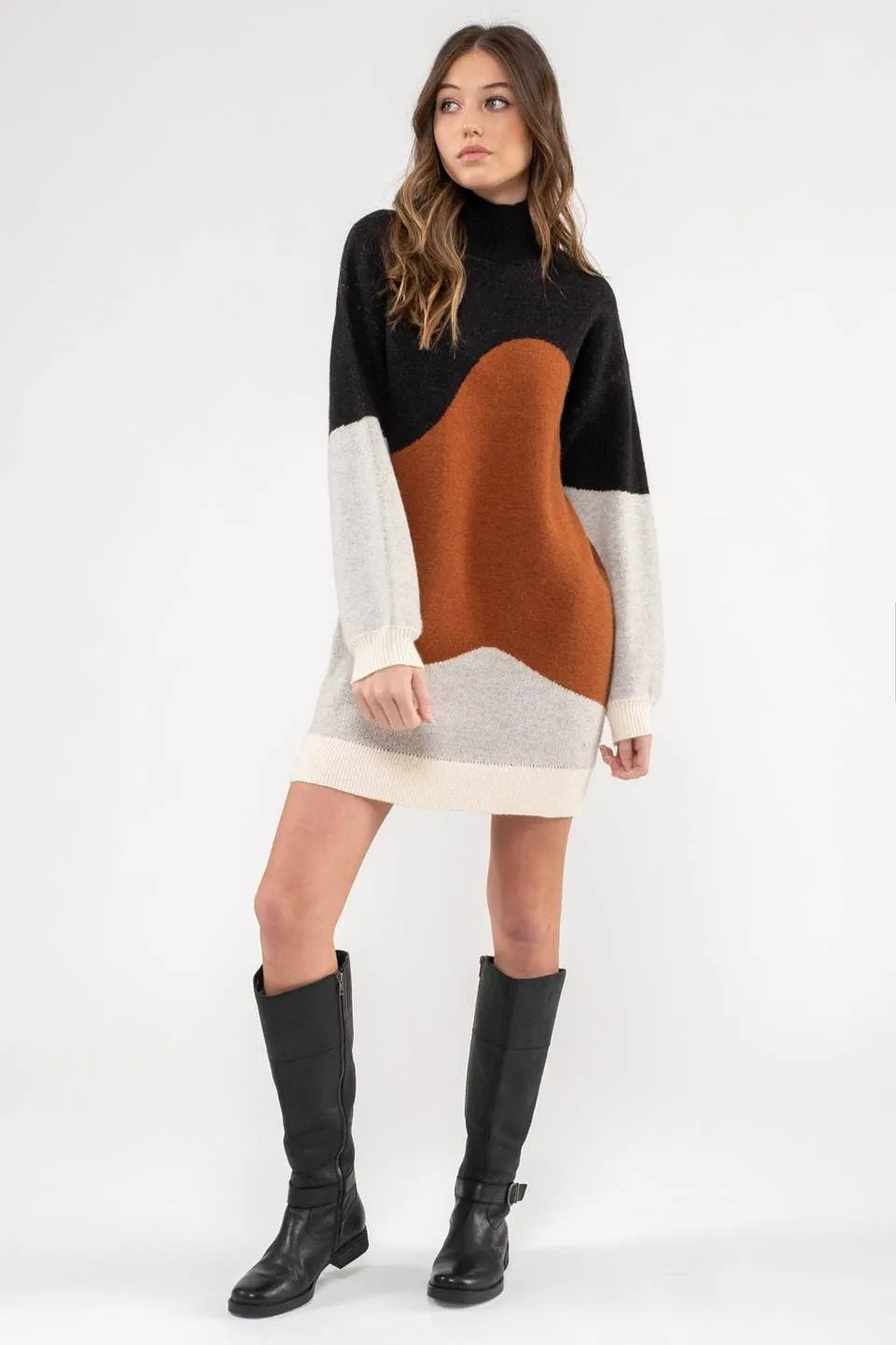 COLORBLOCK MOCK NECK KNIT SWEATER DRESS