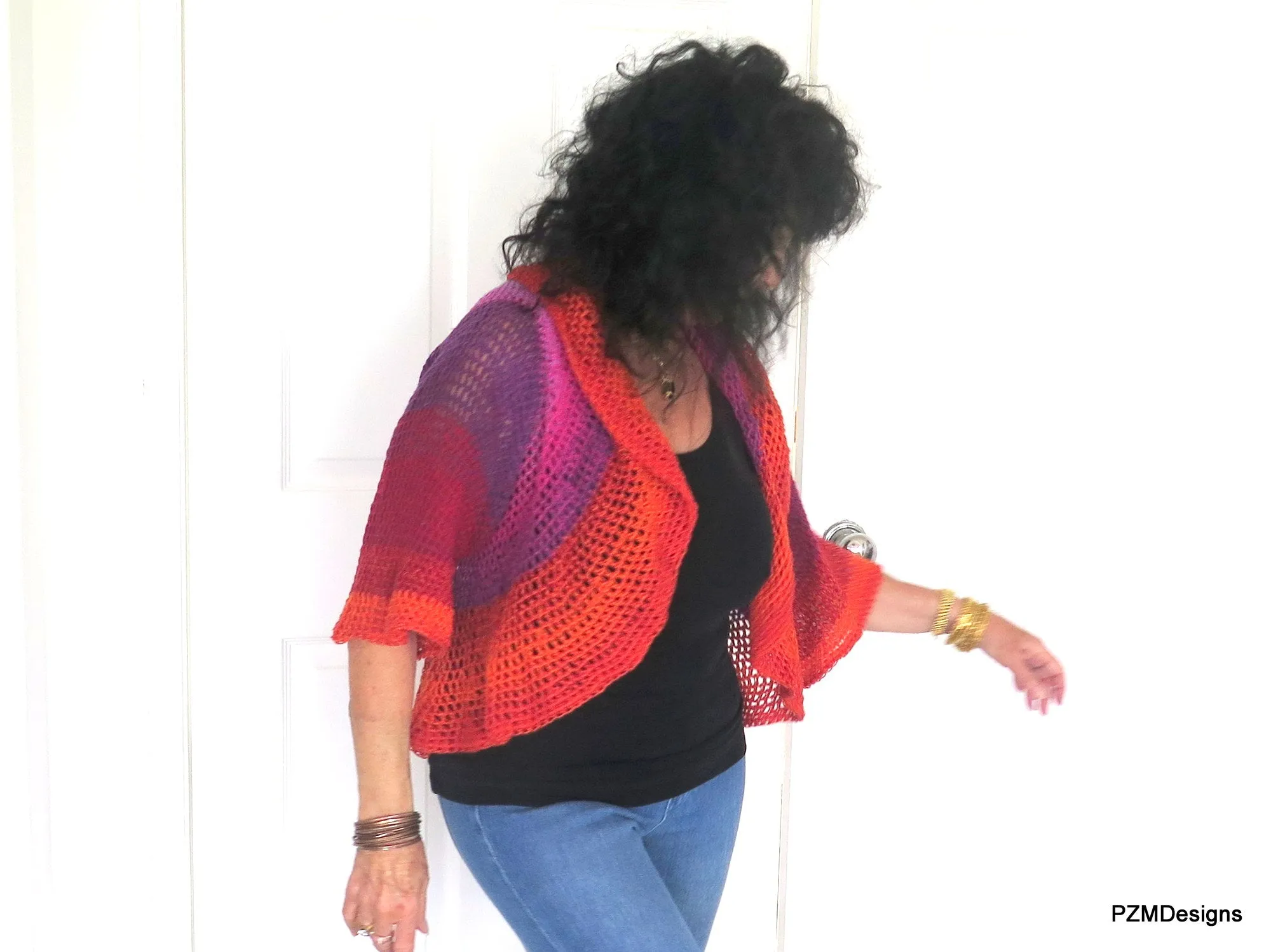 Colorful Crochet Circle Shrug, Rainbow Colored Lightweight Sweater