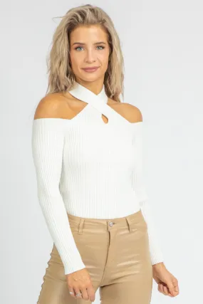 CREAM CROSS-NECK RIBBED KNIT