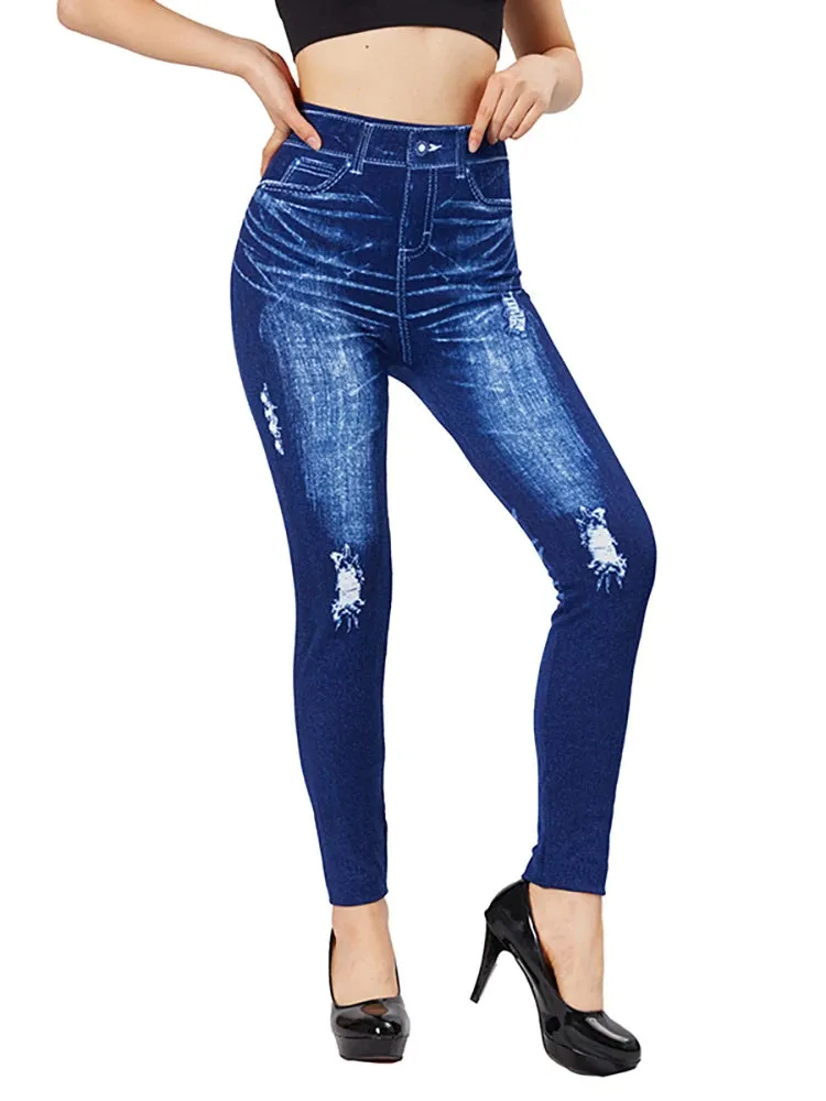 CUHAKCI Women Blue Imitation Denim Printed Leggings Plus Size High Wait False Denim Pencil Pants Deep Blue Hole Stretch Jeggings