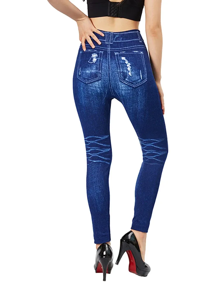 CUHAKCI Women Blue Imitation Denim Printed Leggings Plus Size High Wait False Denim Pencil Pants Deep Blue Hole Stretch Jeggings