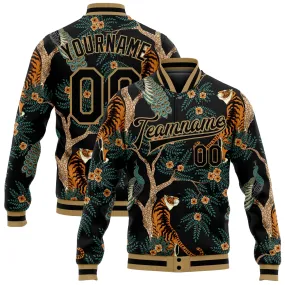 Custom Black Black-Old Gold Tiger And Peacock 3D Pattern Design Bomber Full-Snap Varsity Letterman Jacket