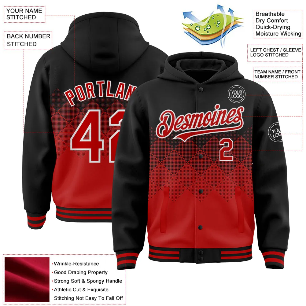 Custom Black Red-White Gradient Square Shape 3D Pattern Design Bomber Full-Snap Varsity Letterman Hoodie Jacket