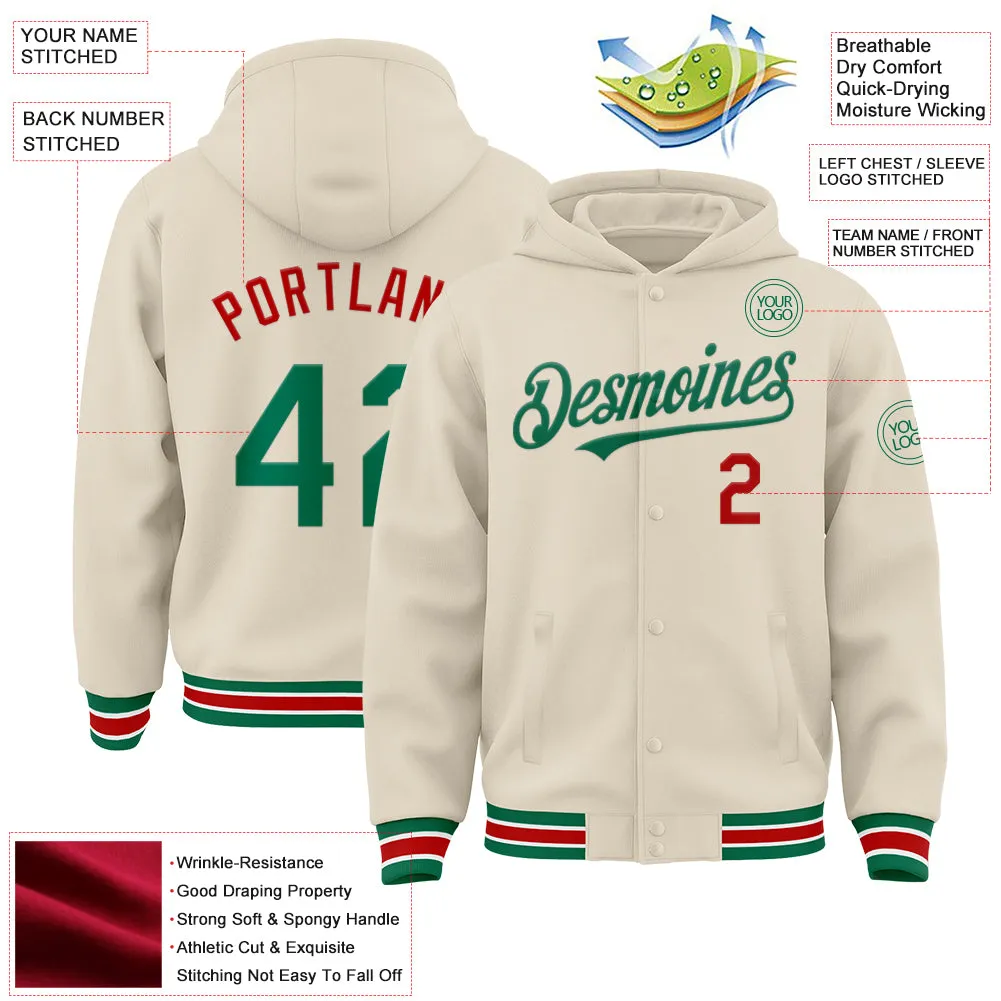 Custom Cream Kelly Green Red-White Bomber Full-Snap Varsity Letterman Hoodie Jacket