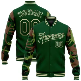 Custom Green Cream Dinosaur Camo Sleeves 3D Pattern Design Bomber Full-Snap Varsity Letterman Jacket