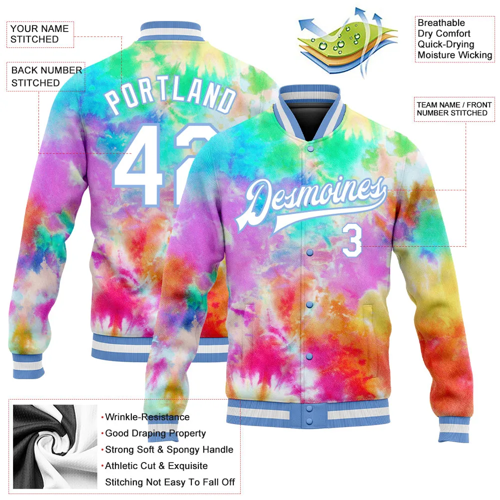 Custom Tie Dye White-Light Blue Rainbow 3D Bomber Full-Snap Varsity Letterman Jacket