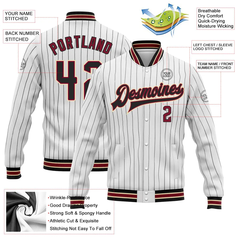 Custom White Black Pinstripe Crimson-City Cream Bomber Full-Snap Varsity Letterman Jacket