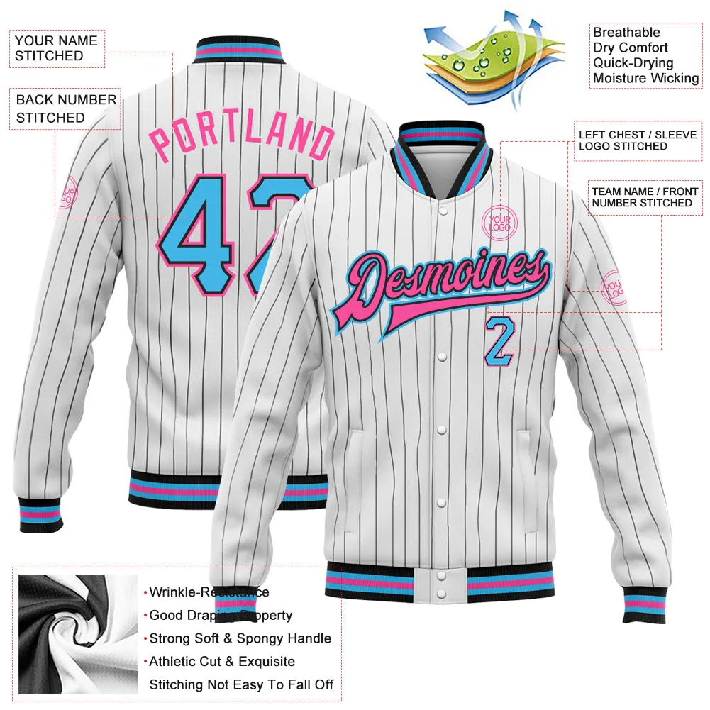 Custom White Black Pinstripe Sky Blue-Pink Bomber Full-Snap Varsity Letterman Jacket