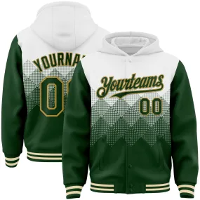 Custom White Green-Old Gold Gradient Square Shape 3D Pattern Design Bomber Full-Snap Varsity Letterman Hoodie Jacket