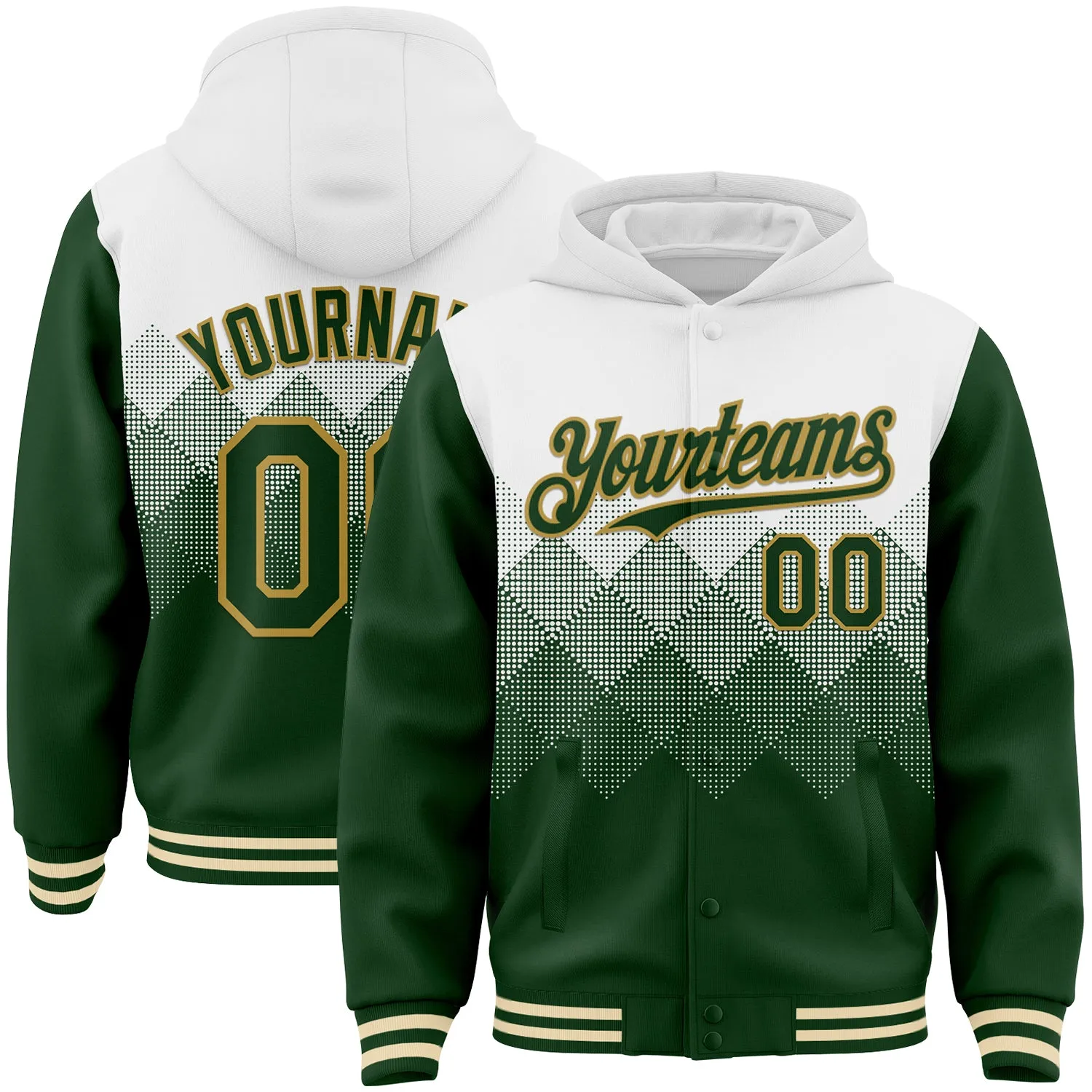 Custom White Green-Old Gold Gradient Square Shape 3D Pattern Design Bomber Full-Snap Varsity Letterman Hoodie Jacket