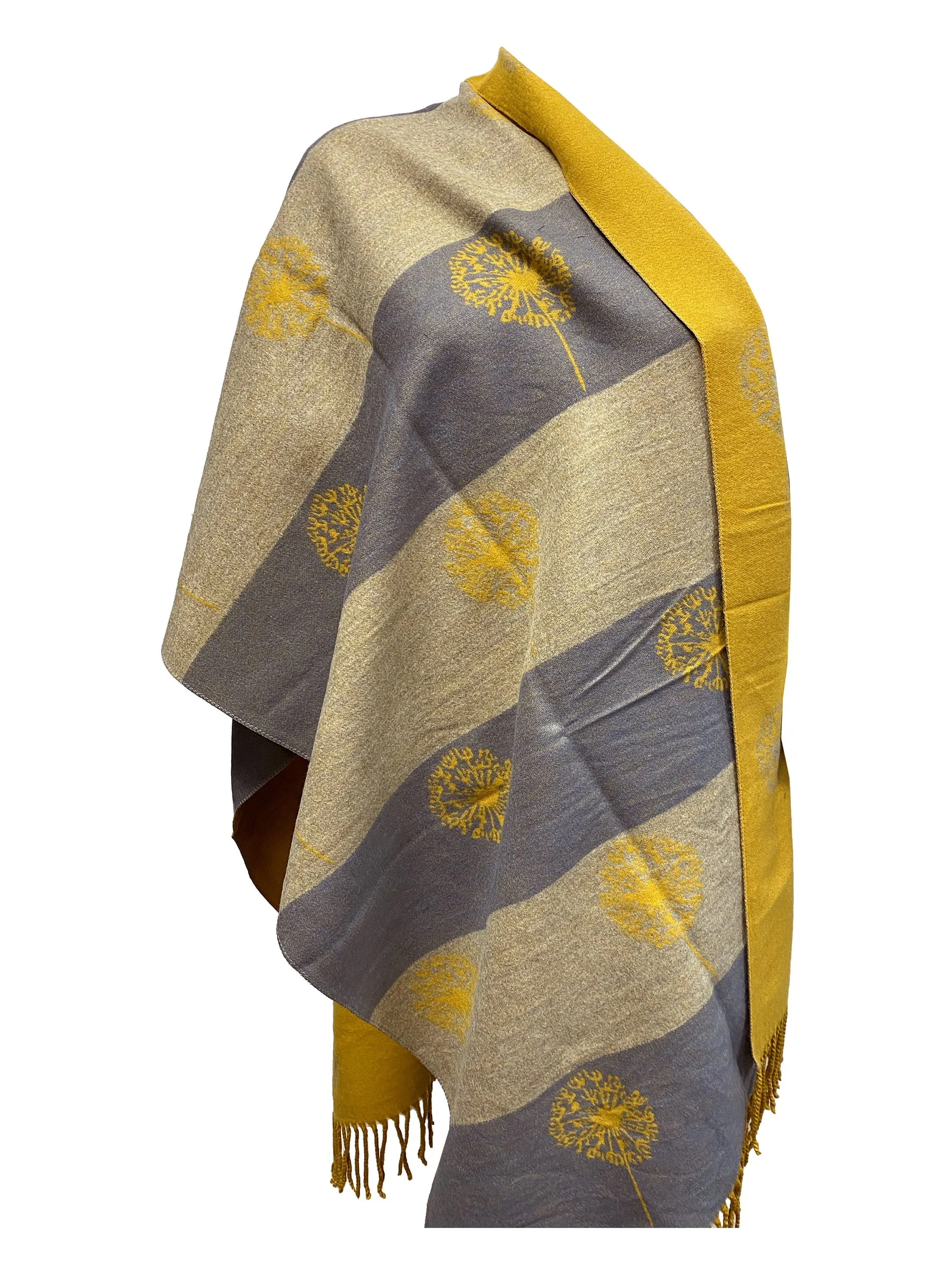 DANDELION PRINT Scarf Rich MUSTARD grey cashmere scarf reversible super soft winter shawl unisex trending scarf Xmas gift for him and her