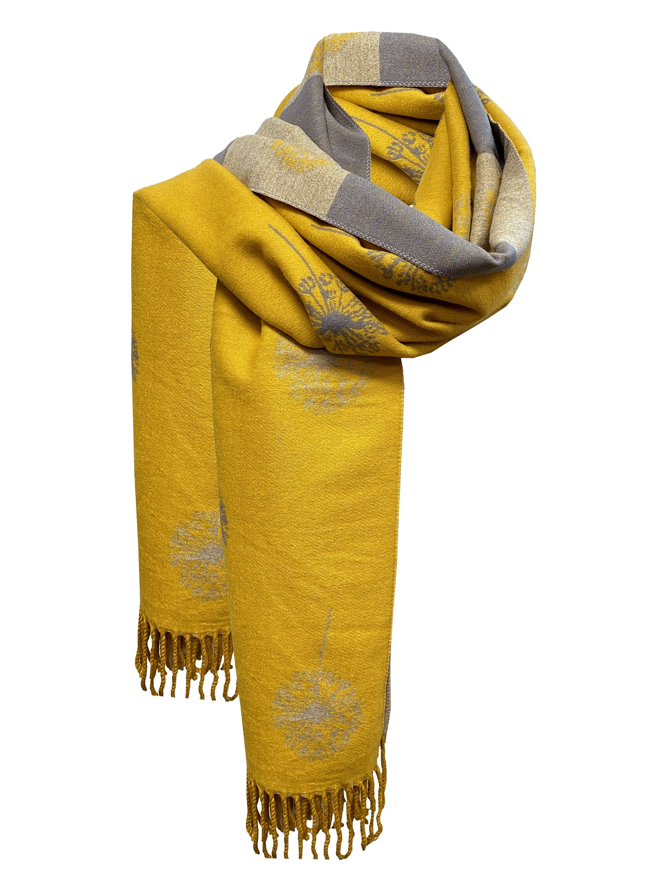 DANDELION PRINT Scarf Rich MUSTARD grey cashmere scarf reversible super soft winter shawl unisex trending scarf Xmas gift for him and her