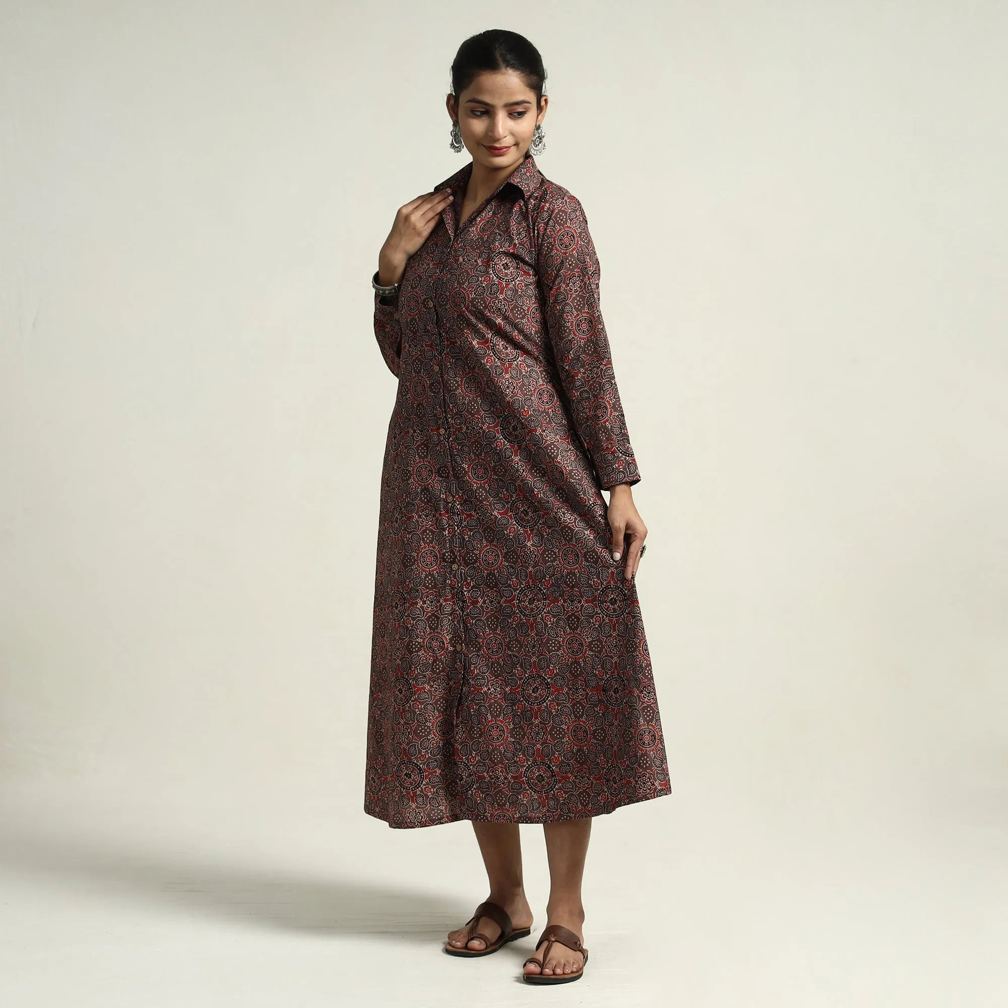 Dark Brown - Ajrakh Hand Block Printed Cotton Dress 16