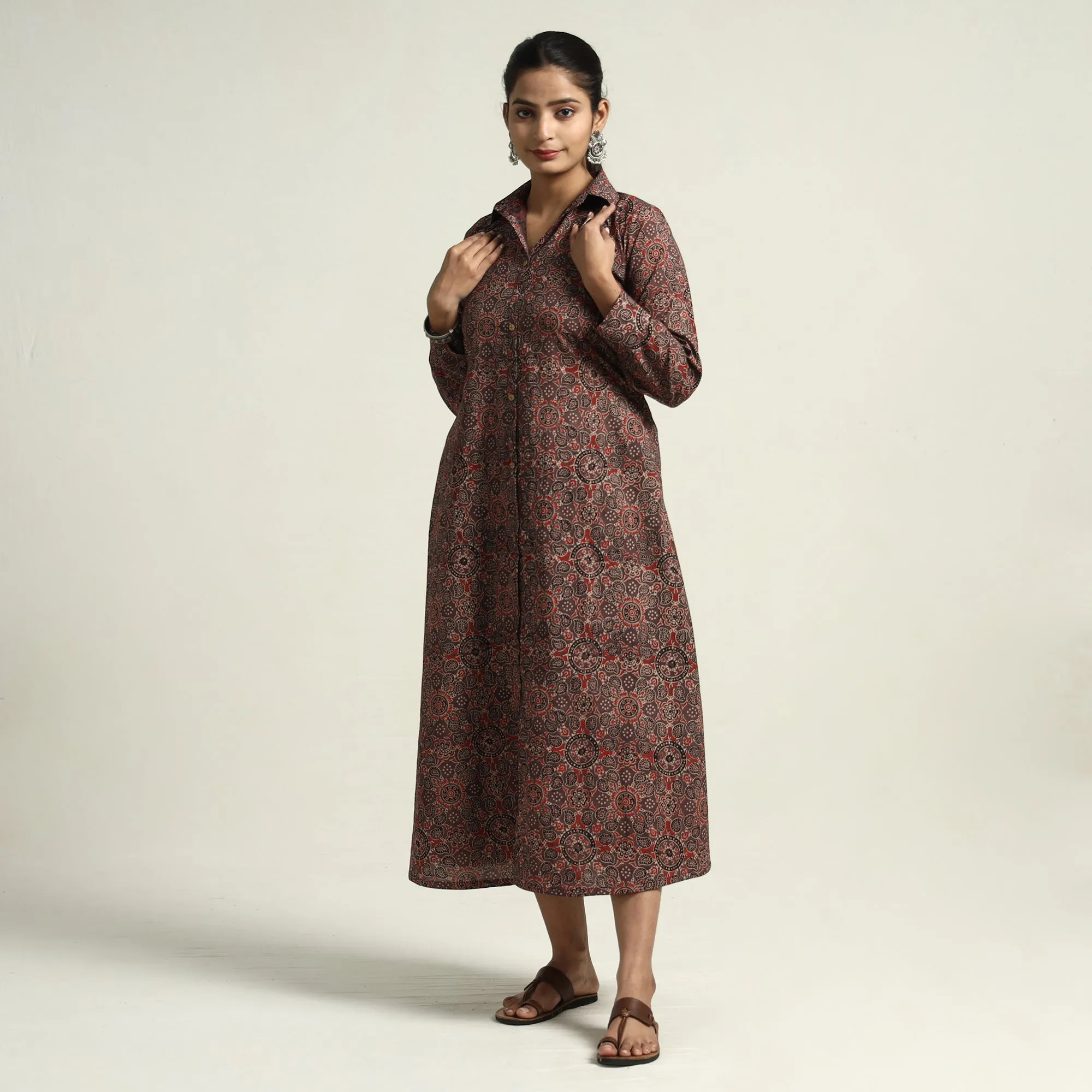 Dark Brown - Ajrakh Hand Block Printed Cotton Dress 16