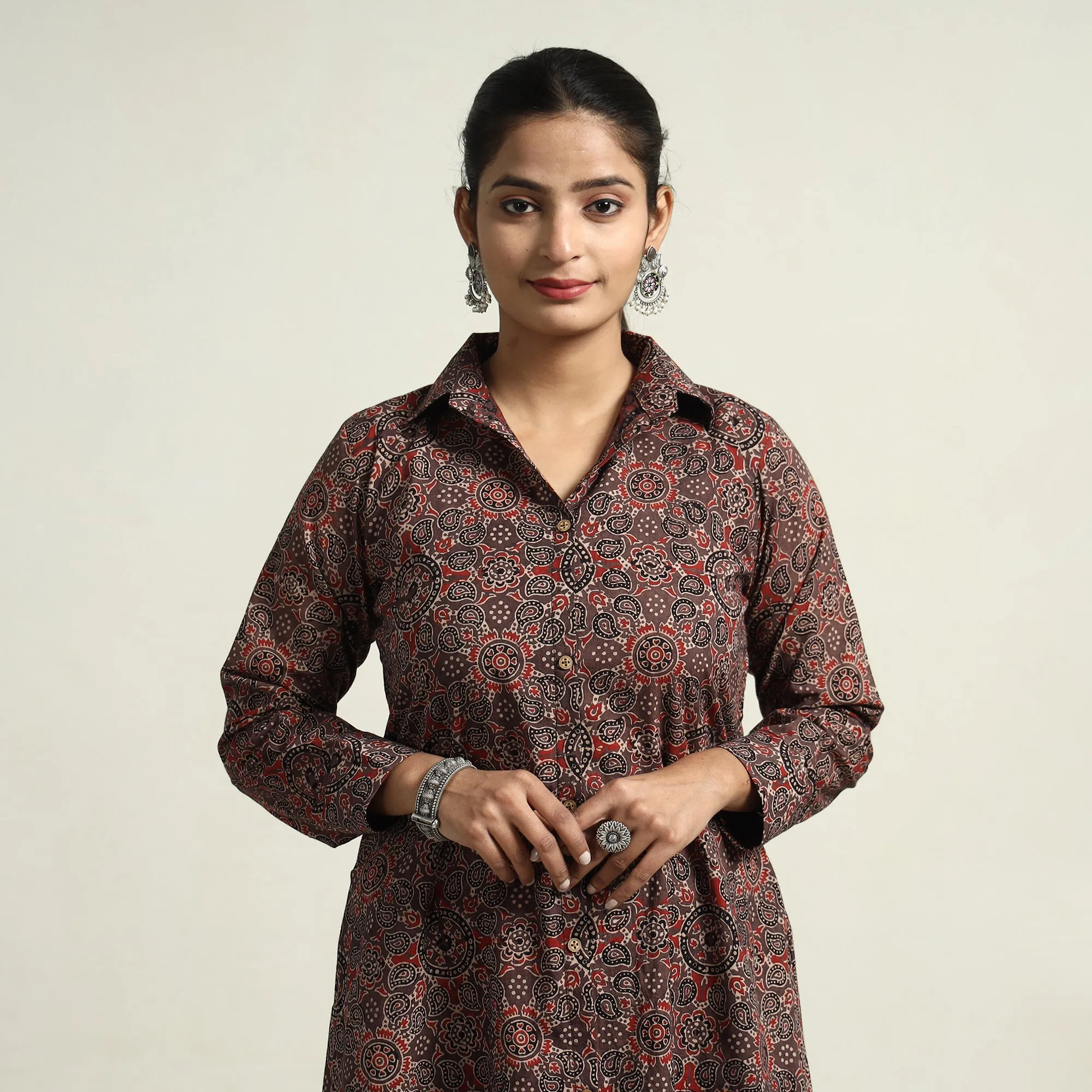 Dark Brown - Ajrakh Hand Block Printed Cotton Dress 16