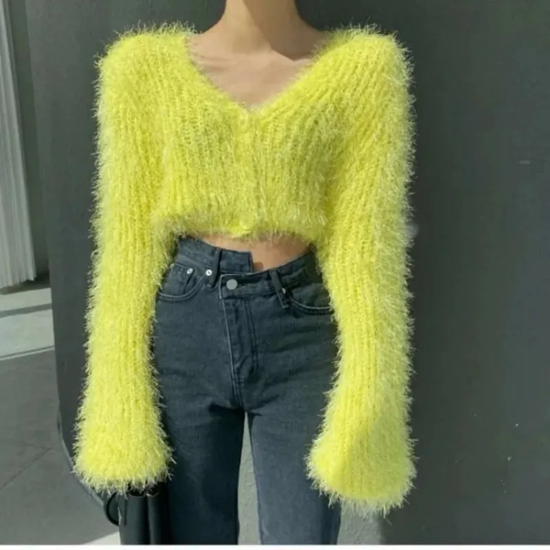 deanwangkt Women Yellow Mink Cashmere Knitted Cardigan V-neck Velvet Mohair Sweater Coat Long-sleeved Wild Plush Single-breasted Crop Tops