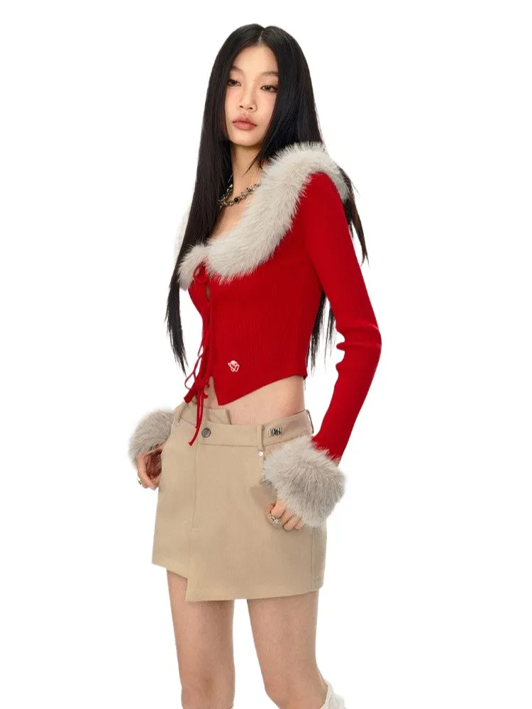 Eco-Friendly Fox Fur Removable Tie Knit Cardigan