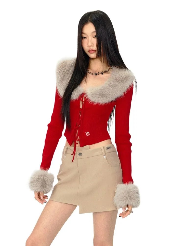 Eco-Friendly Fox Fur Removable Tie Knit Cardigan